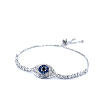 Sterling Silver Evil Eye Tennis Bracelet with Blue and White Moissanite