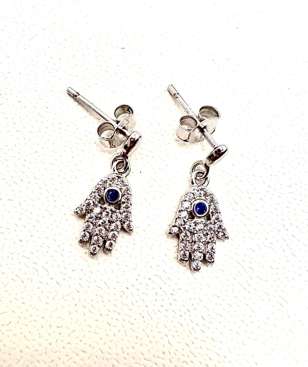 Hamsa Drop Earrings with Blue Crystal – Sterling Silver