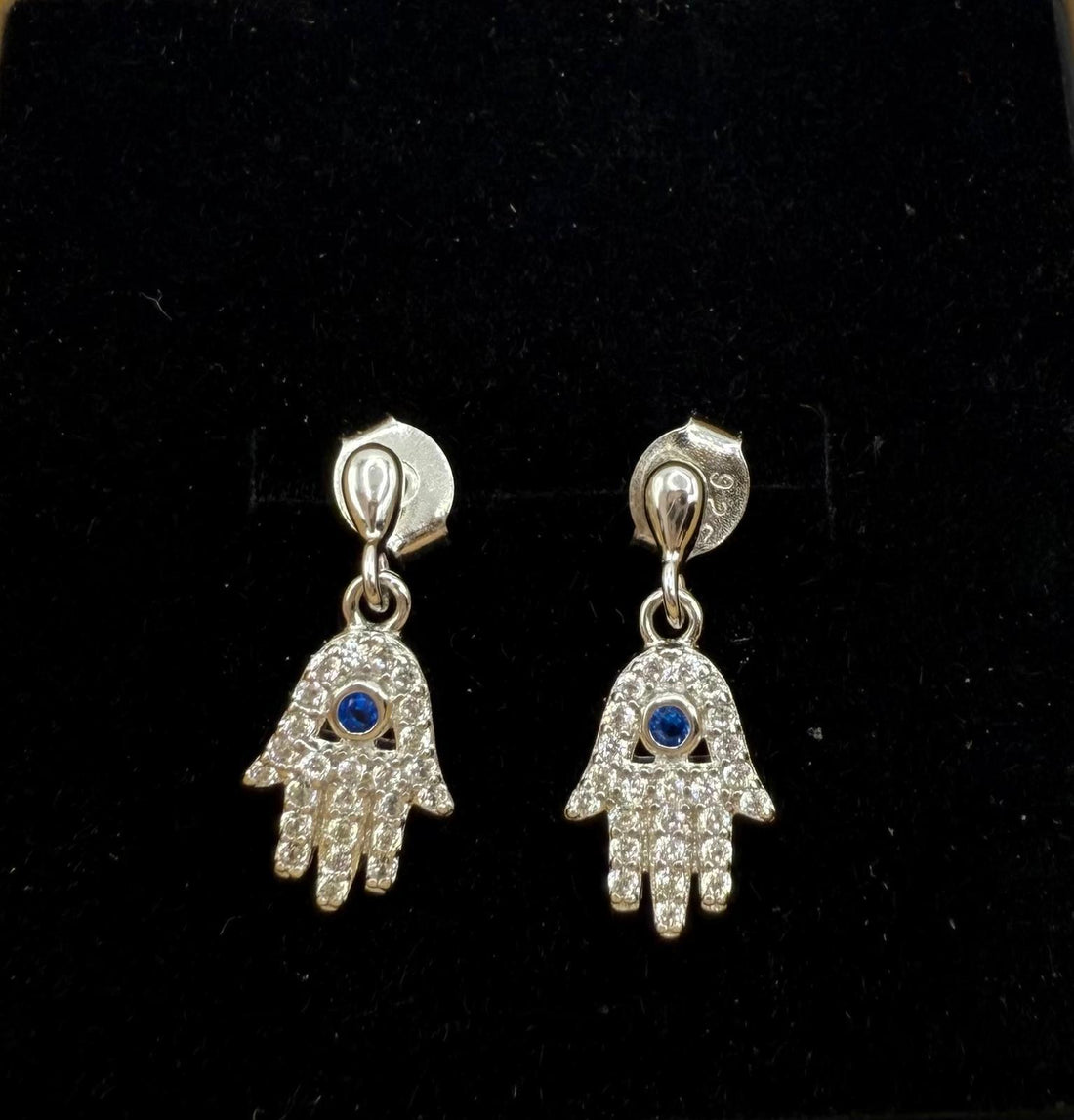 Hamsa Drop Earrings with Blue Crystal â Sterling Silver