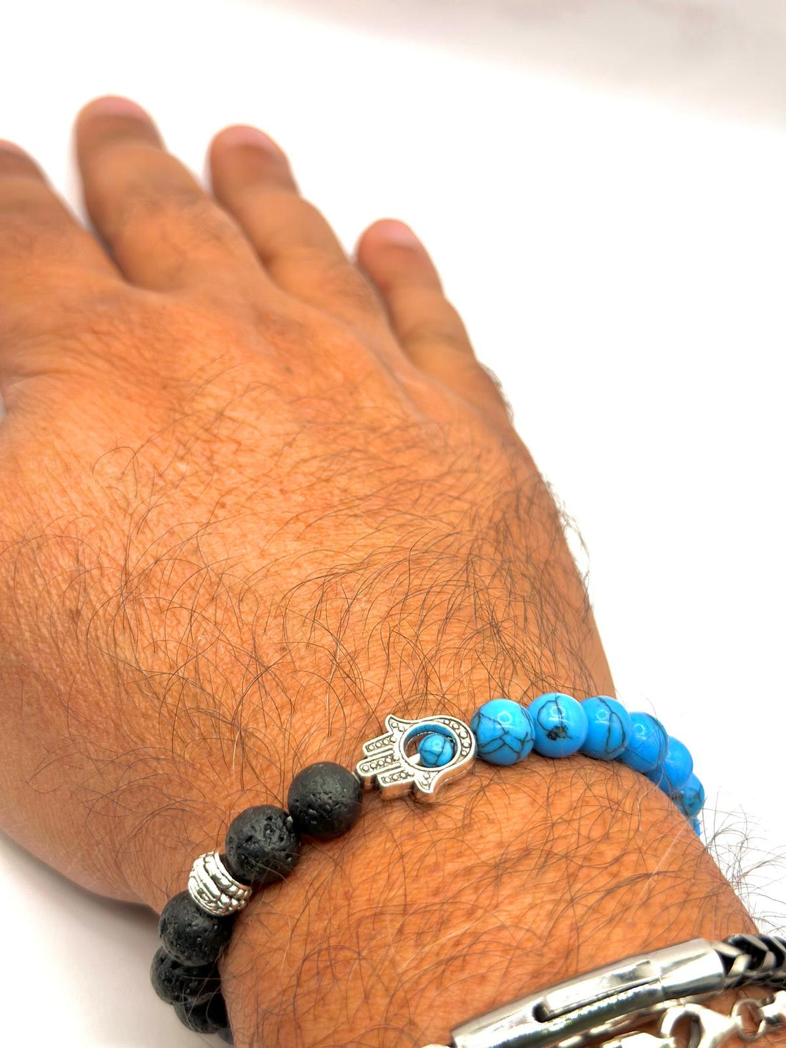 Hamsa Beaded Bracelet â Black Lava & Blue Howlite