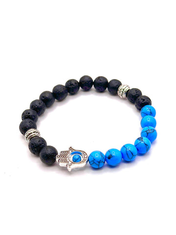 Hamsa Beaded Bracelet – Black Lava & Blue Howlite