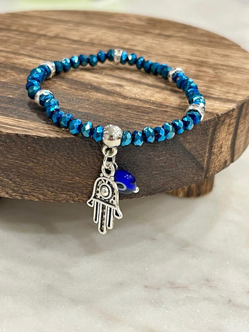 Metallic Blue Hamsa Evil Eye Beaded Bracelet