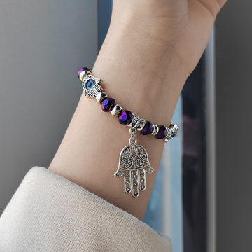 Purple Crystal Beaded Hamsa Bracelet