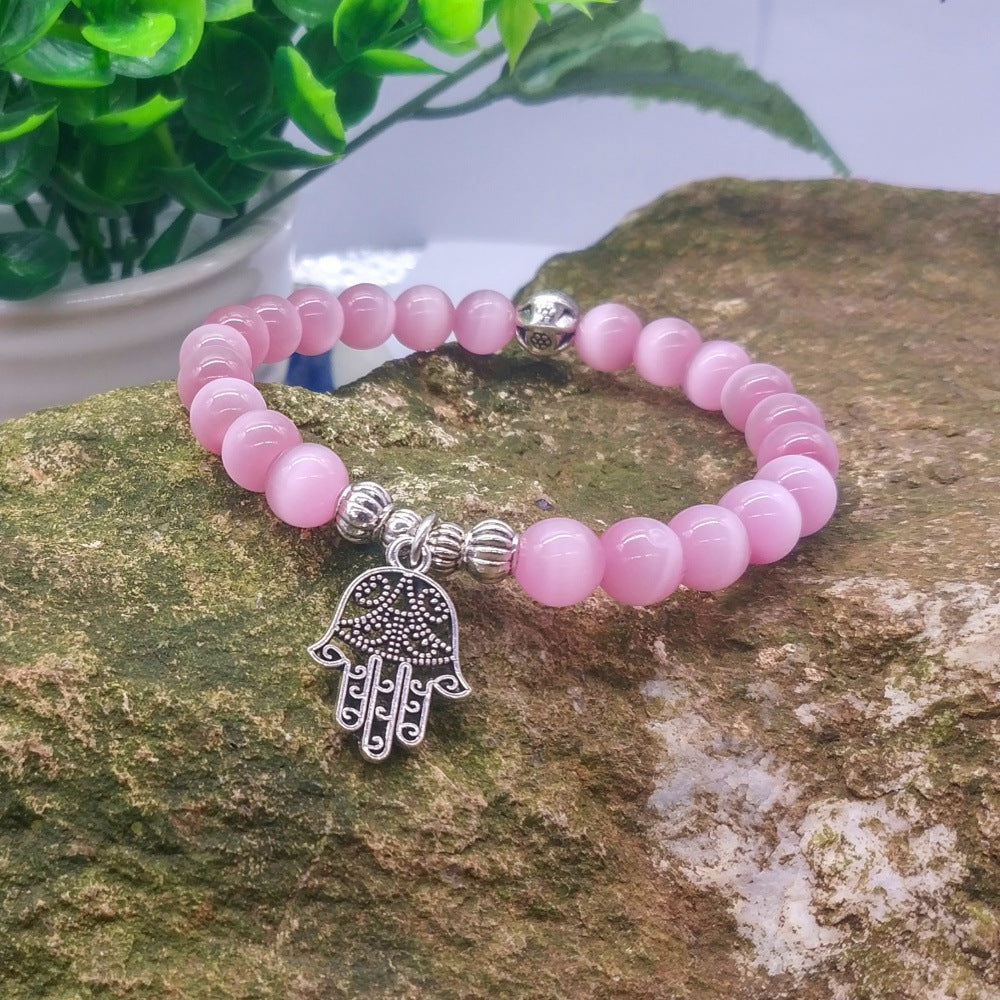 Pink Cat’s Eye Hamsa Bracelet