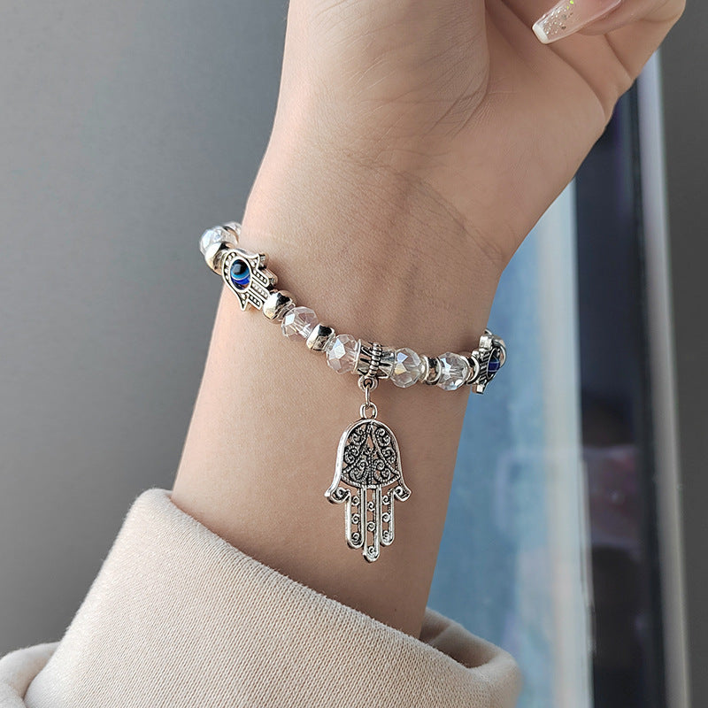 White Crystal Beaded Hamsa Bracelet