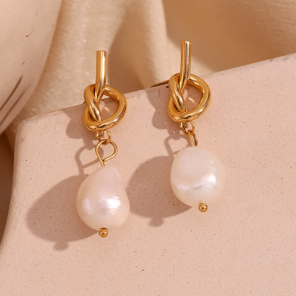 18K Gold Plated Baroque Pearl Knot Earrings