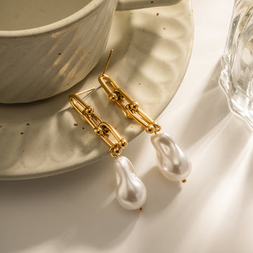 18K Gold Plated Baroque Pearl Link Earrings