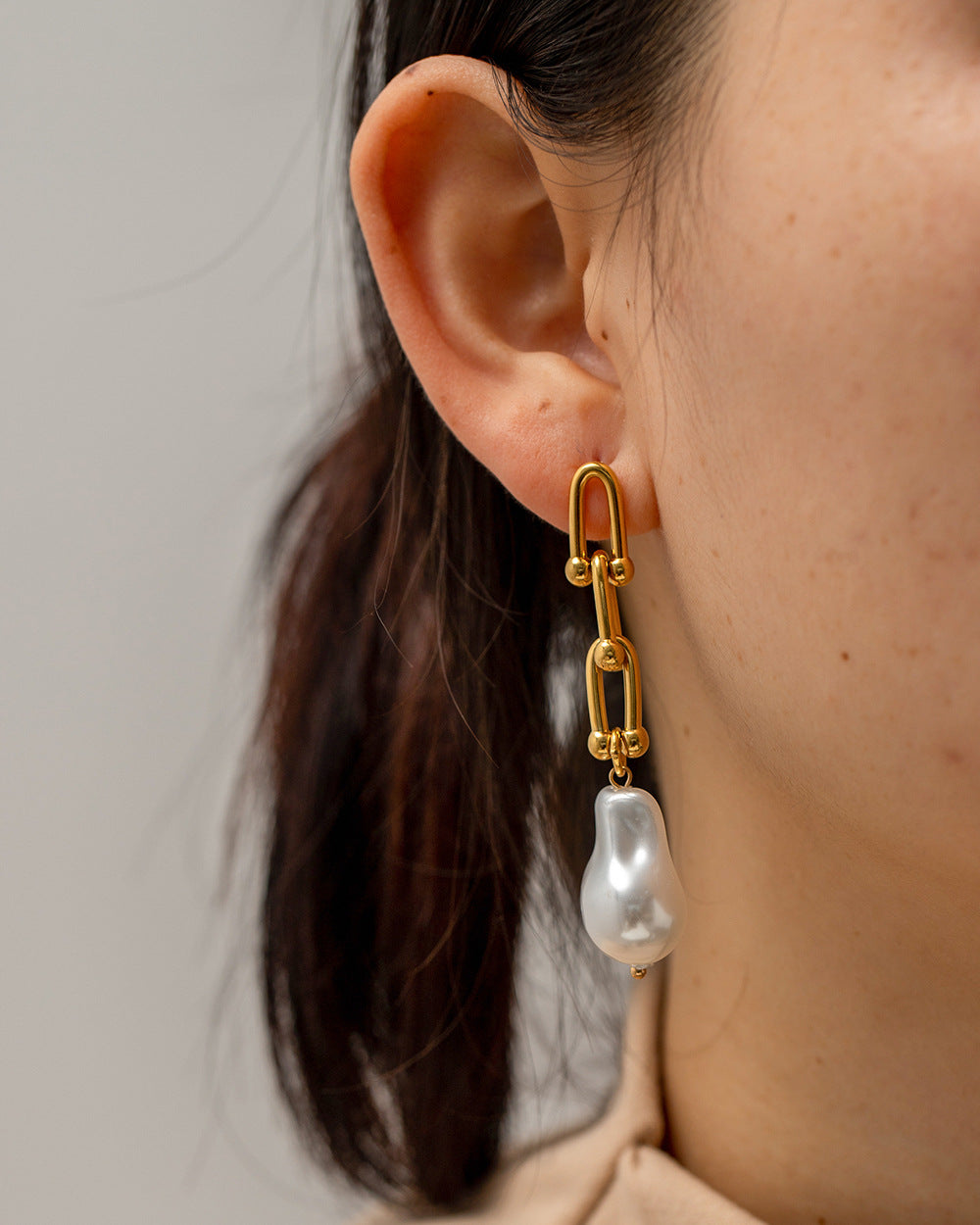 18K Gold Plated Baroque Pearl Link Earrings