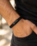 Black braided leather bracelet with Shema Israel Hebrew engraving on the clasp