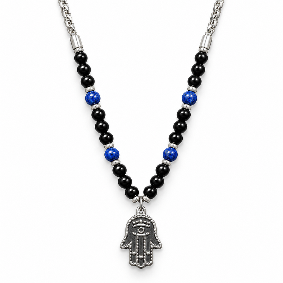 Koch La Ni stainless steel hamsa necklace with evil eye on black and blue beads