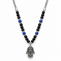 Koch La Ni stainless steel hamsa necklace with evil eye on black and blue beads