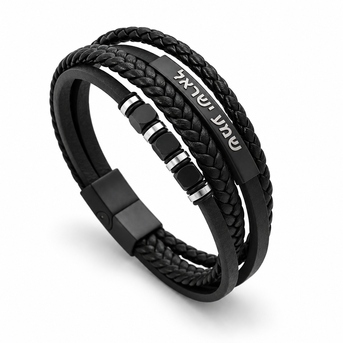 Koch La Ni Shema Israel bracelet in black leather with stainless steel Hebrew engraved bar