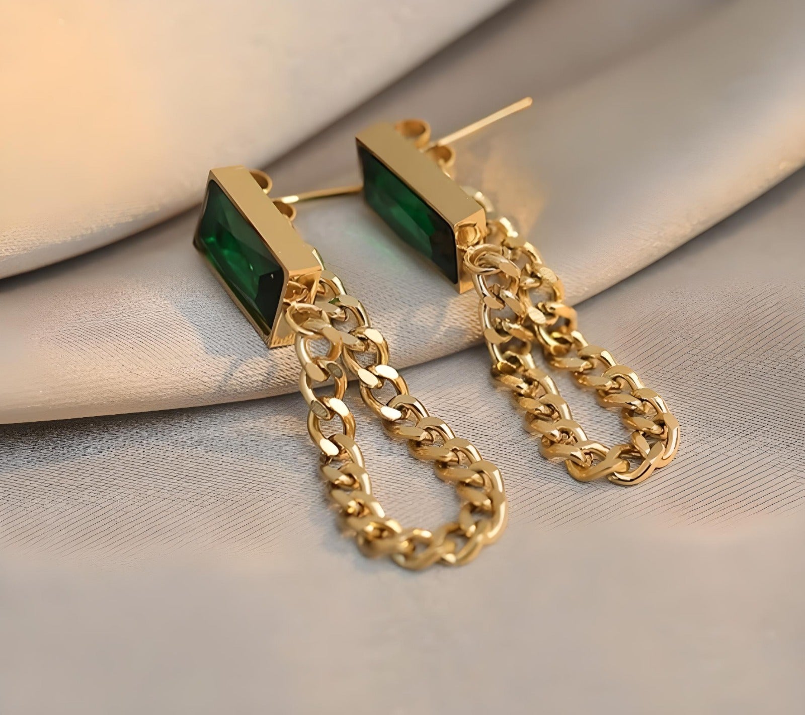 Emerald Chain Drop Earrings