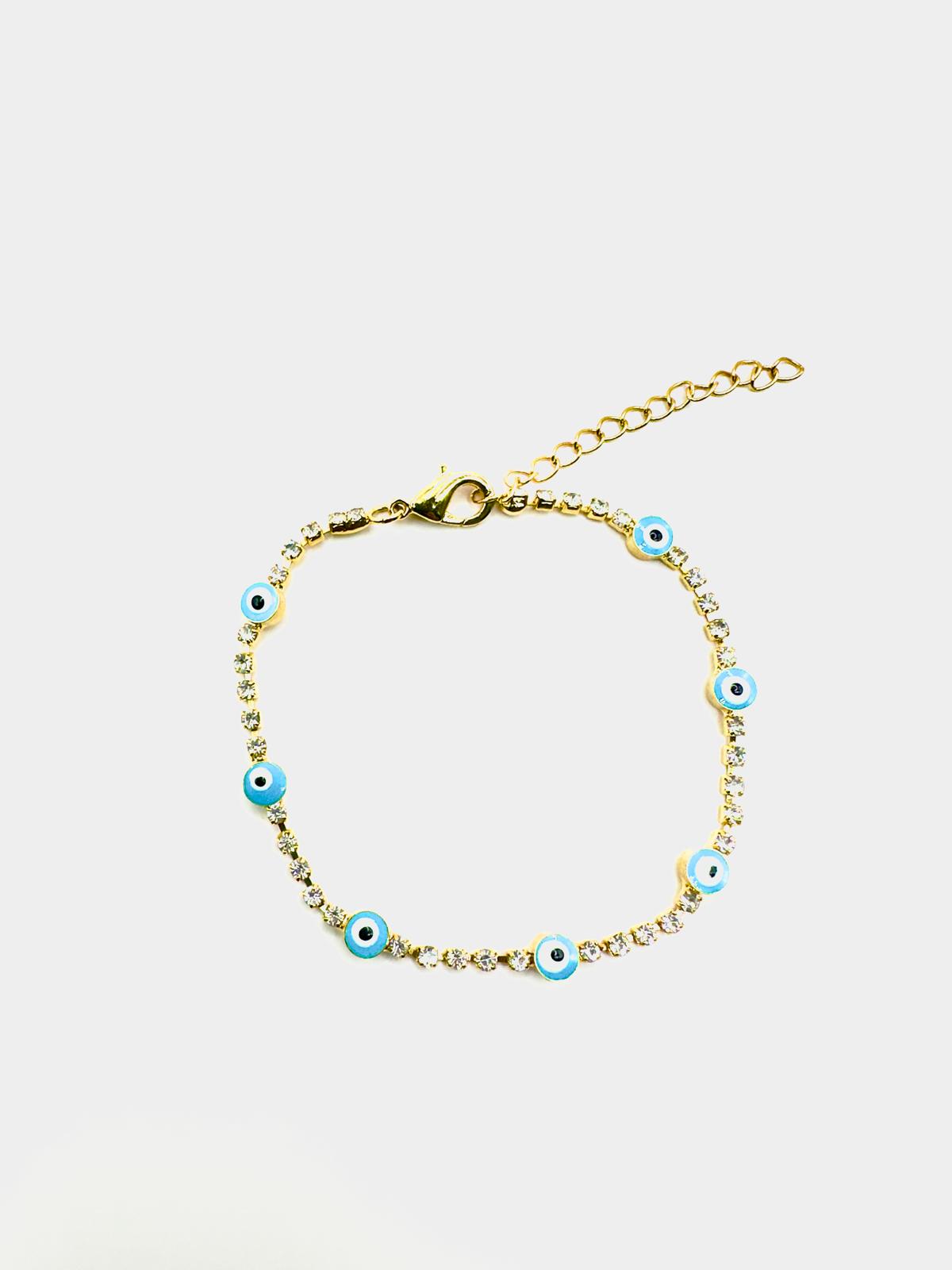 Turquoise Evil Eye Crystal Tennis Bracelet – Gold