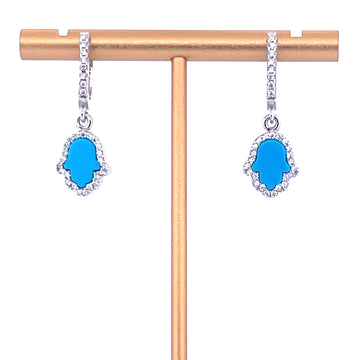 925 Sterling Silver Hamsa Hand Turquoise and Moissanite Earrings