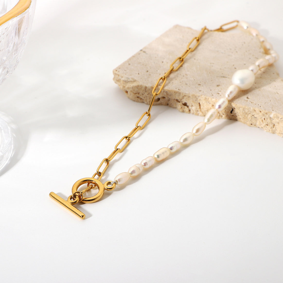 18K Gold Plated Half Pearl Link Bracelet