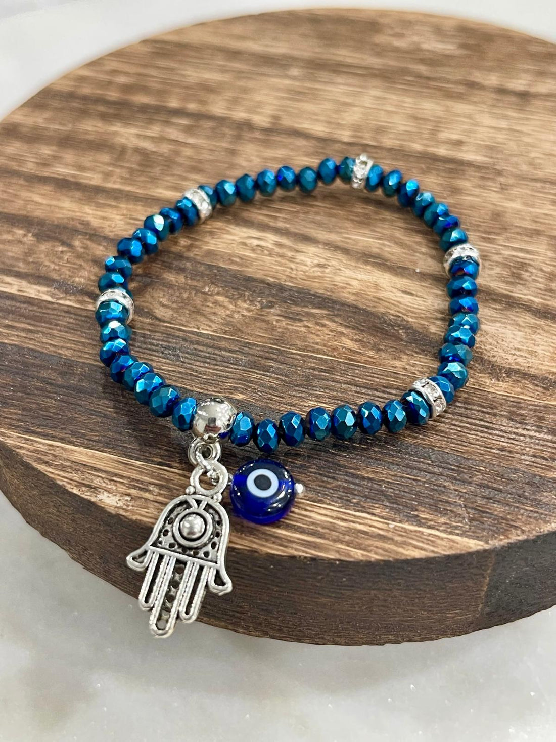 Metallic Blue Hamsa Evil Eye Beaded Bracelet