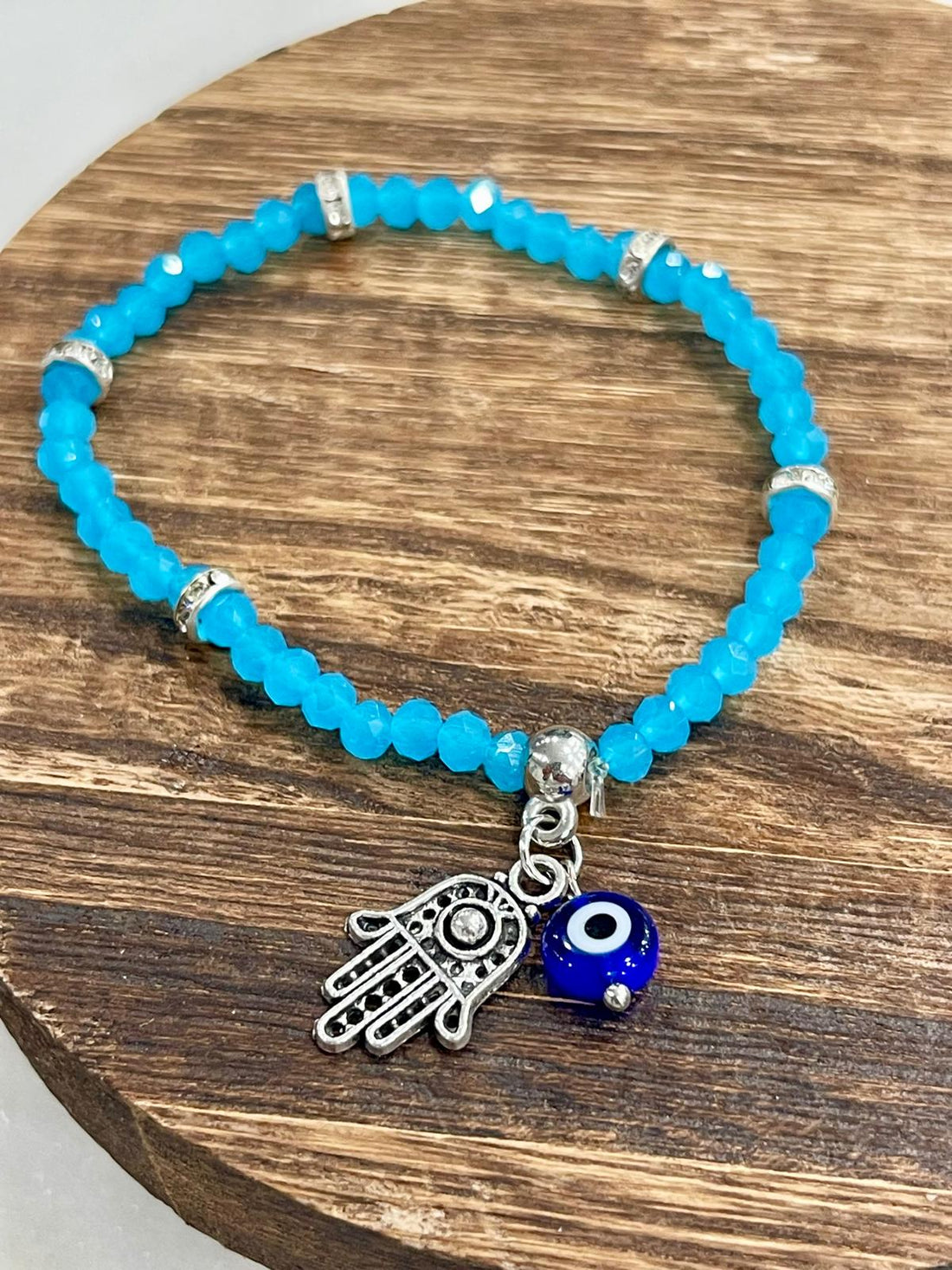 Light Blue Hamsa Evil Eye Beaded Bracelet