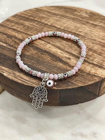 Pink Hamsa Evil Eye Beaded Bracelet