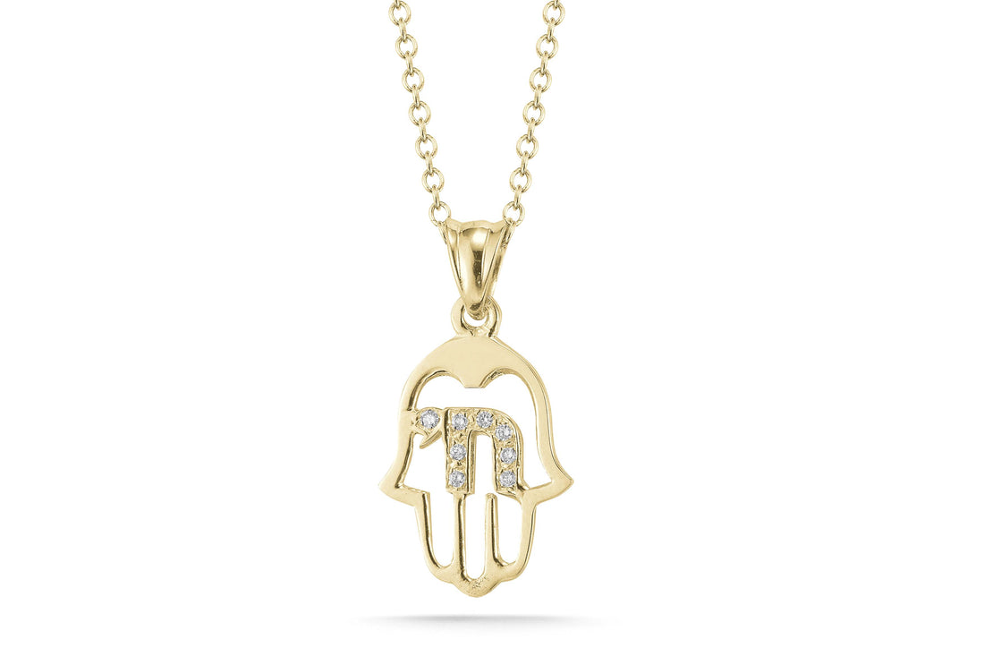Hamsa Pendant with Diamond Chai, 14K Gold