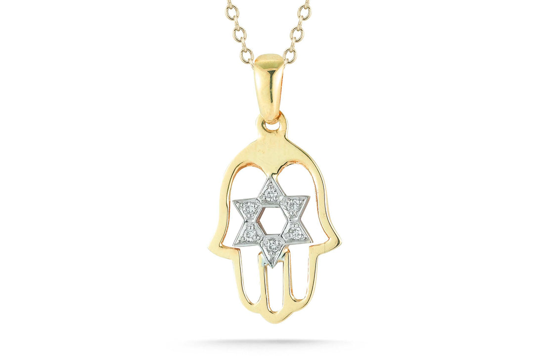 Hamsa Pendant with Diamond Star of David, 14K Gold