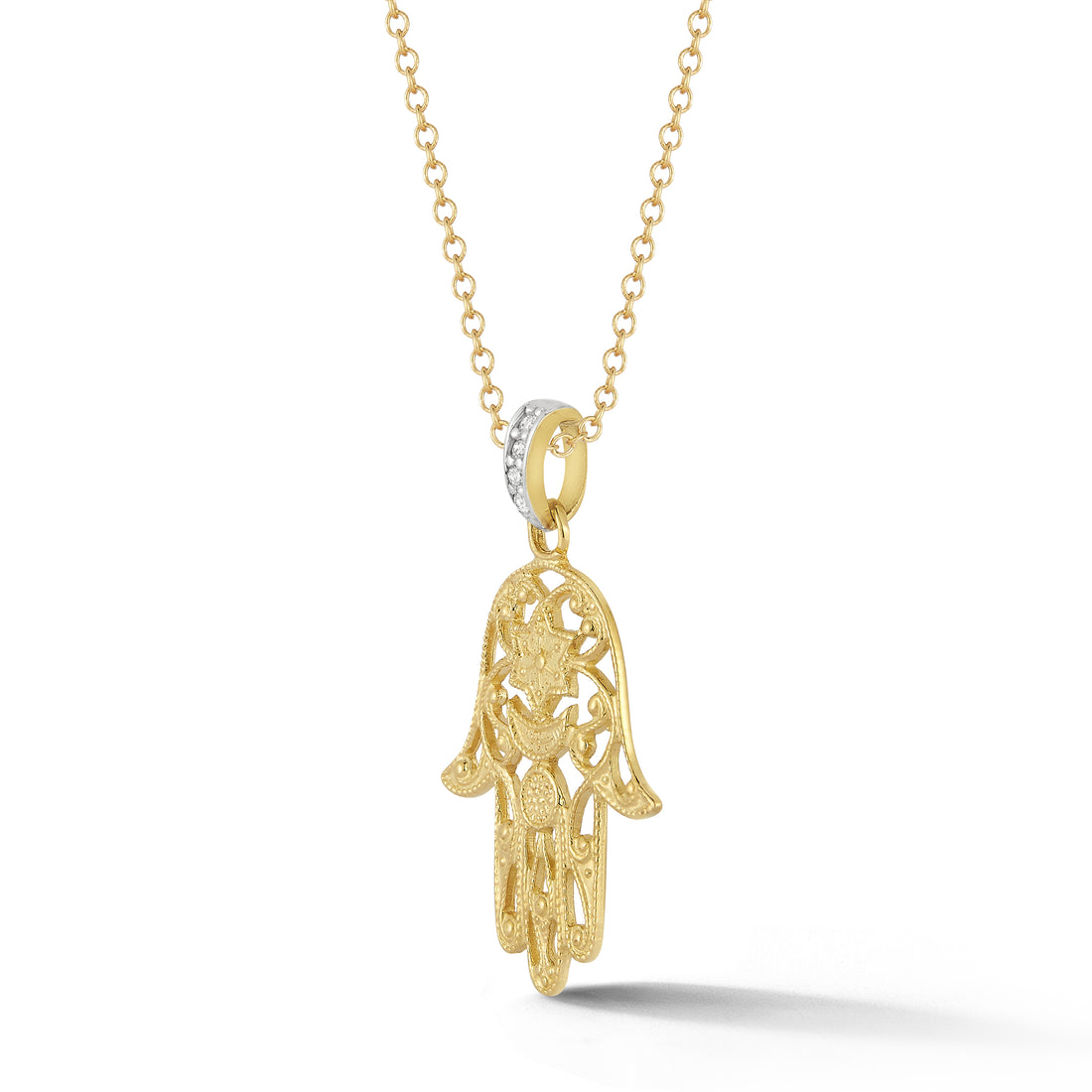 Filigree Hamsa Pendant, 14K Yellow Gold & Diamonds