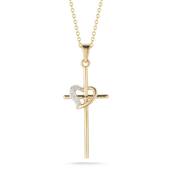 Cross & Heart Diamond Pendant, 14K Yellow Gold