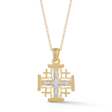 Matte Diamond Jerusalem Cross Pendant, 14K Yellow Gold — 16 mm