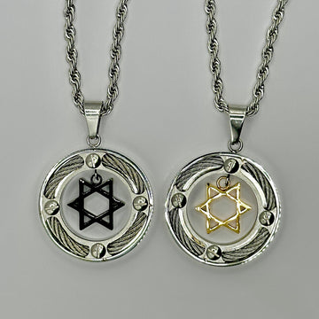 Cable Ring Star of David necklace in black and gold, stainless steel cable disc on a rope chain