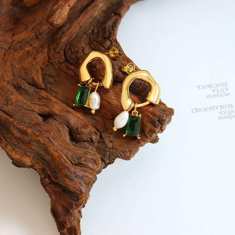 Gold Pearl and Emerald Drop Earrings