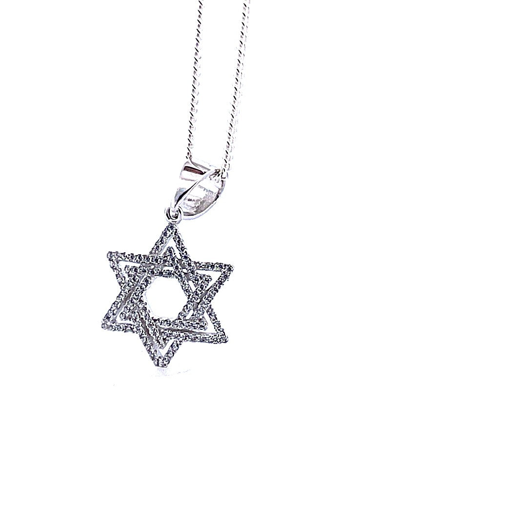 925 Sterling Silver Double-Line Star of David Necklace with Moissanite