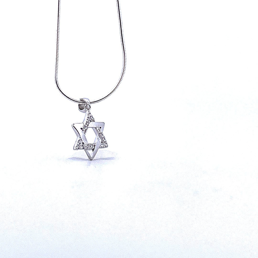 925 Sterling Silver Mixed Finish Star of David Necklace with Moissanite