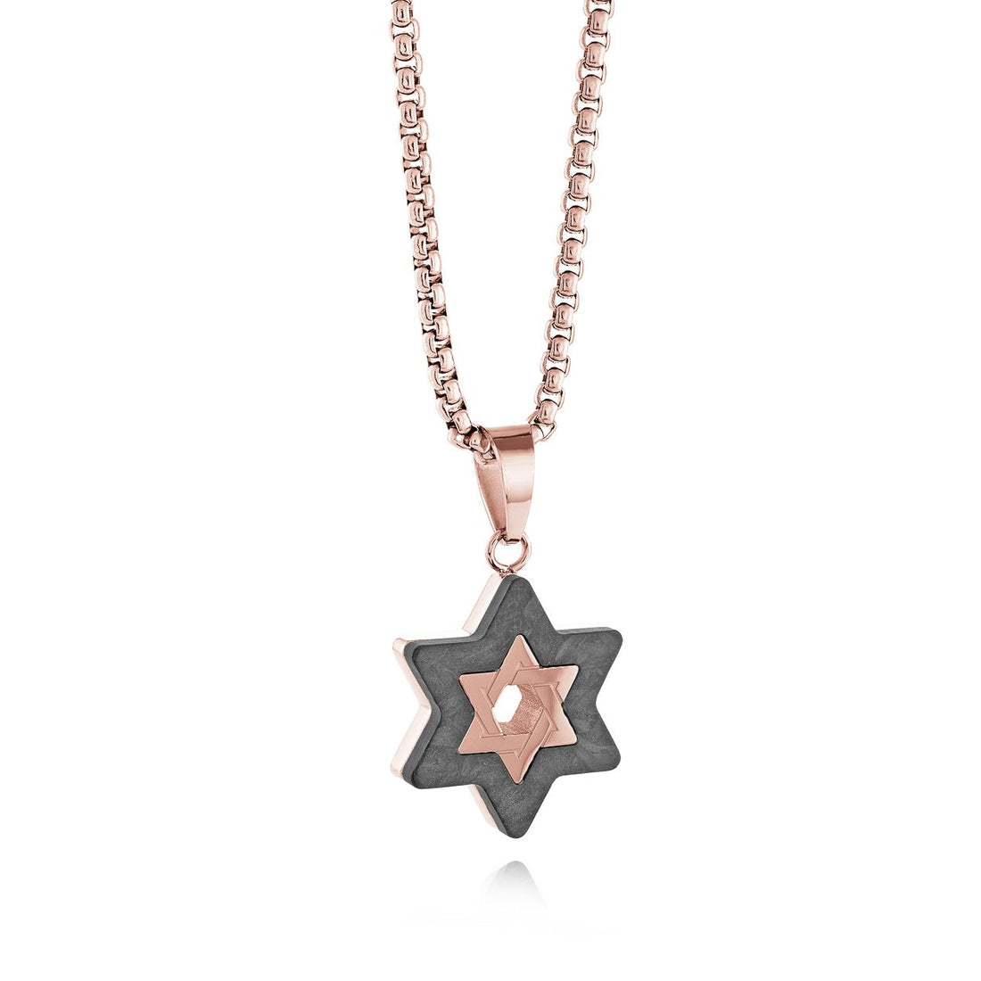 Carbon fibre Star of David pendant necklace with a rose gold ion plated star on a matching box chain