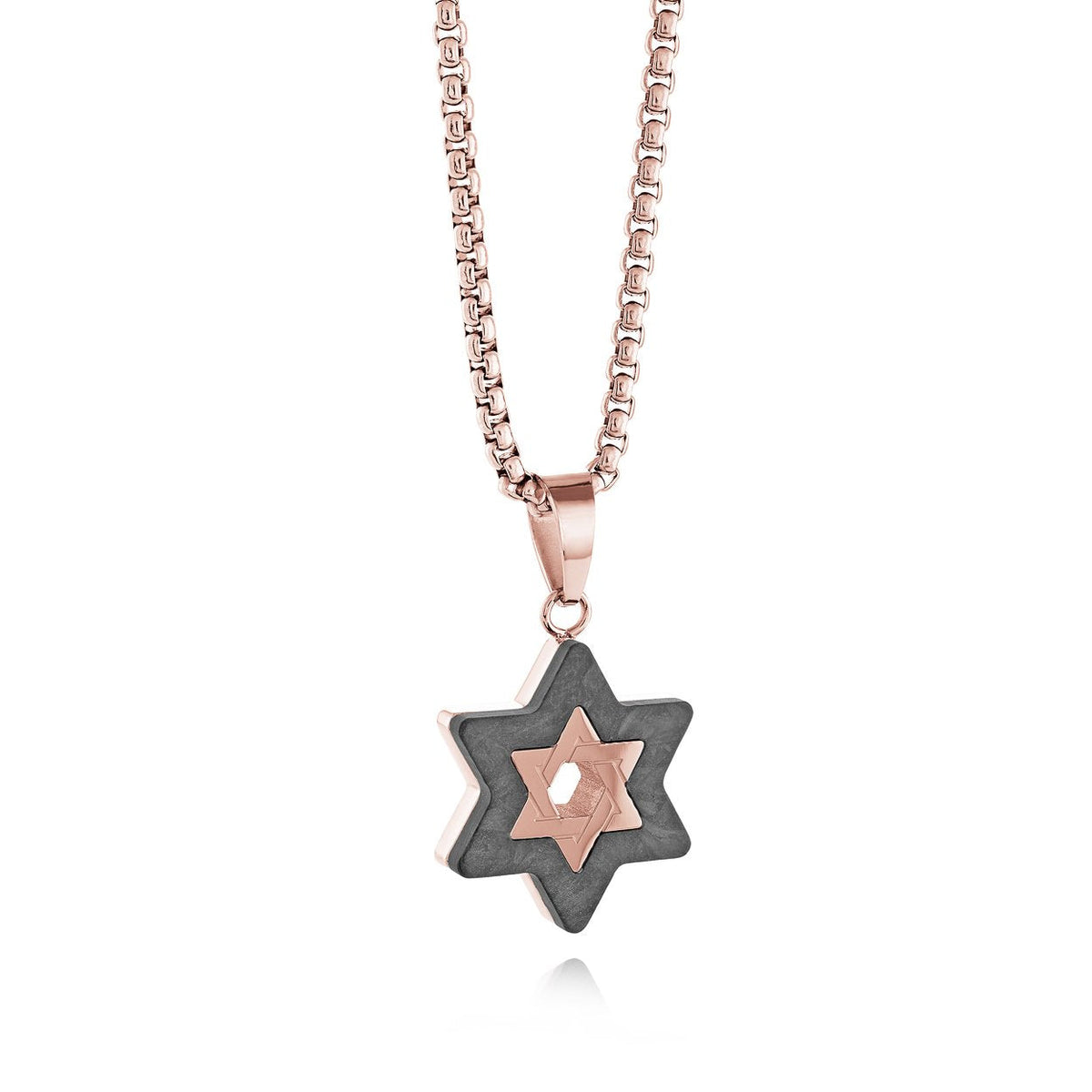 Carbon fibre Star of David pendant necklace with a rose gold ion plated star on a matching box chain
