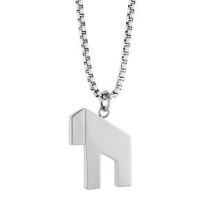 Modern Hai Chai pendant necklace in brushed silver stainless steel on a 22 inch box chain