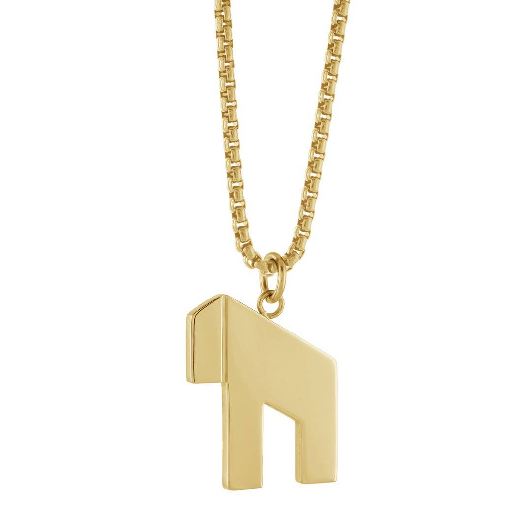 Modern Hai Chai pendant necklace in brushed gold stainless steel on a 22 inch box chain