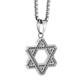 Reversible Star of David pendant in brushed silver stainless steel with black cubic zirconia on a 22 inch round box chain