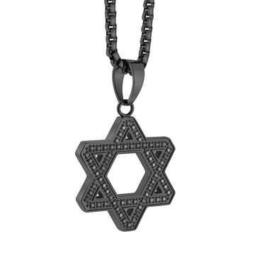Reversible Star of David pendant in black IP stainless steel with black cubic zirconia, on a 22 inch round box chain
