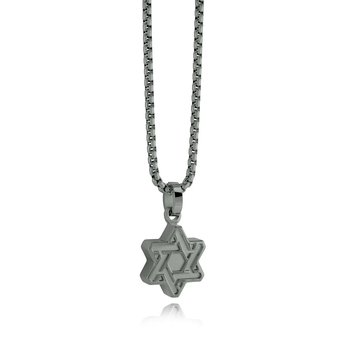 Interlocking Star of David pendant necklace in matte and polished gunmetal stainless steel on a matching box chain