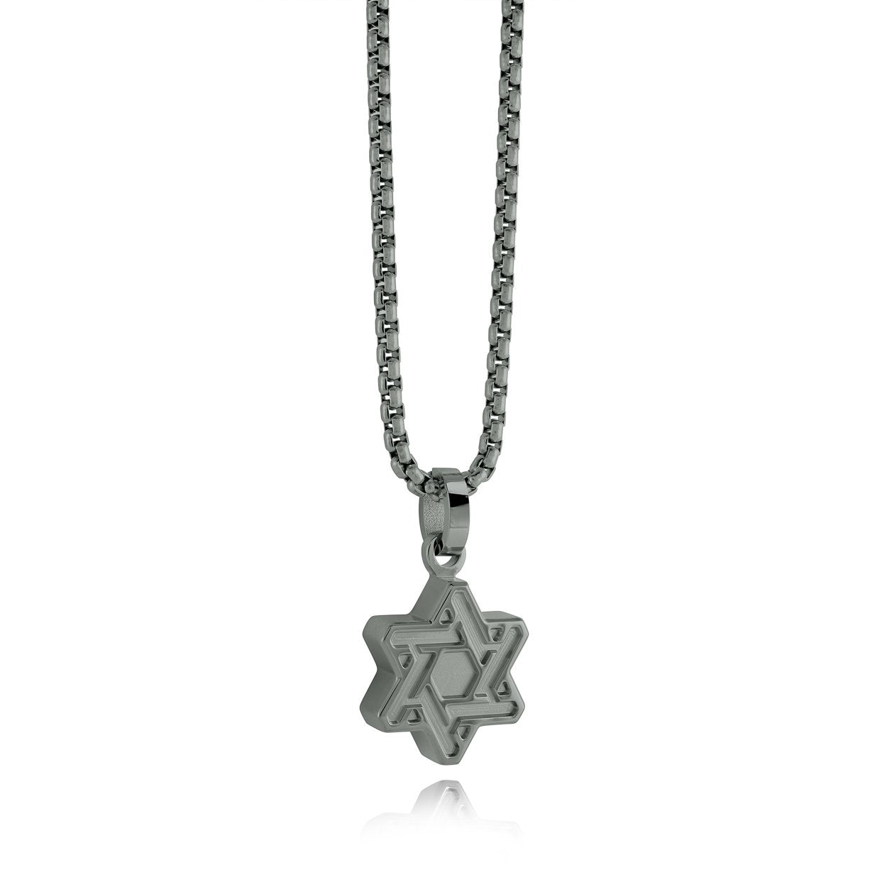 Interlocking Star of David pendant necklace in matte and polished gunmetal stainless steel on a matching box chain