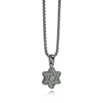 Interlocking Star of David pendant necklace in matte and polished gunmetal stainless steel on a matching box chain