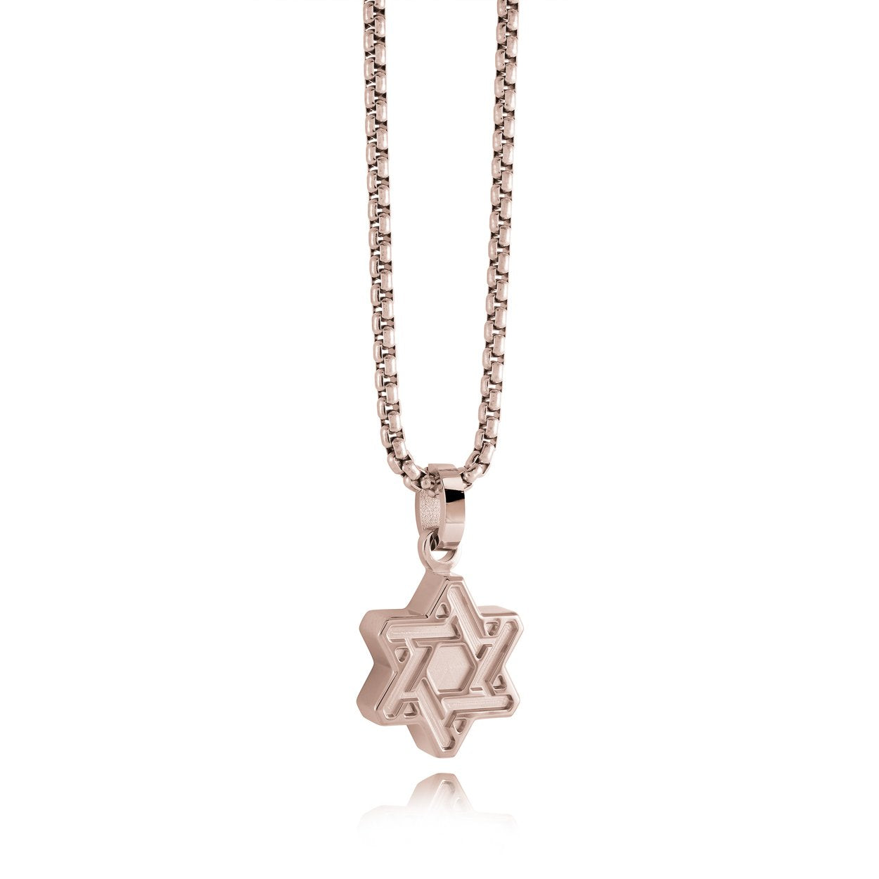 Interlocking Star of David pendant necklace in matte and polished rose stainless steel on a matching box chain