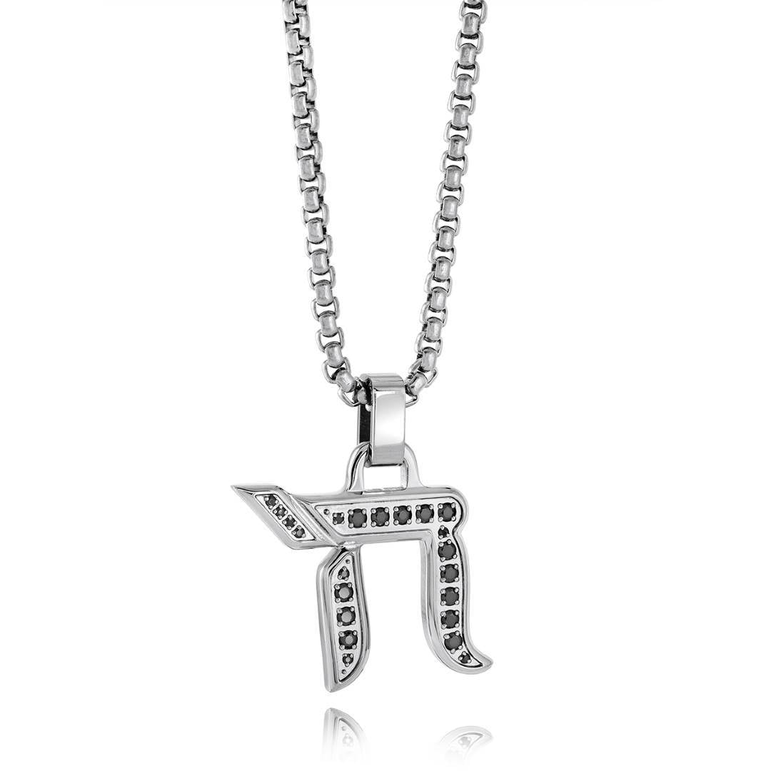 Chai amulet pendant necklace in polished stainless steel set with black cubic zirconia on a 22 inch box chain