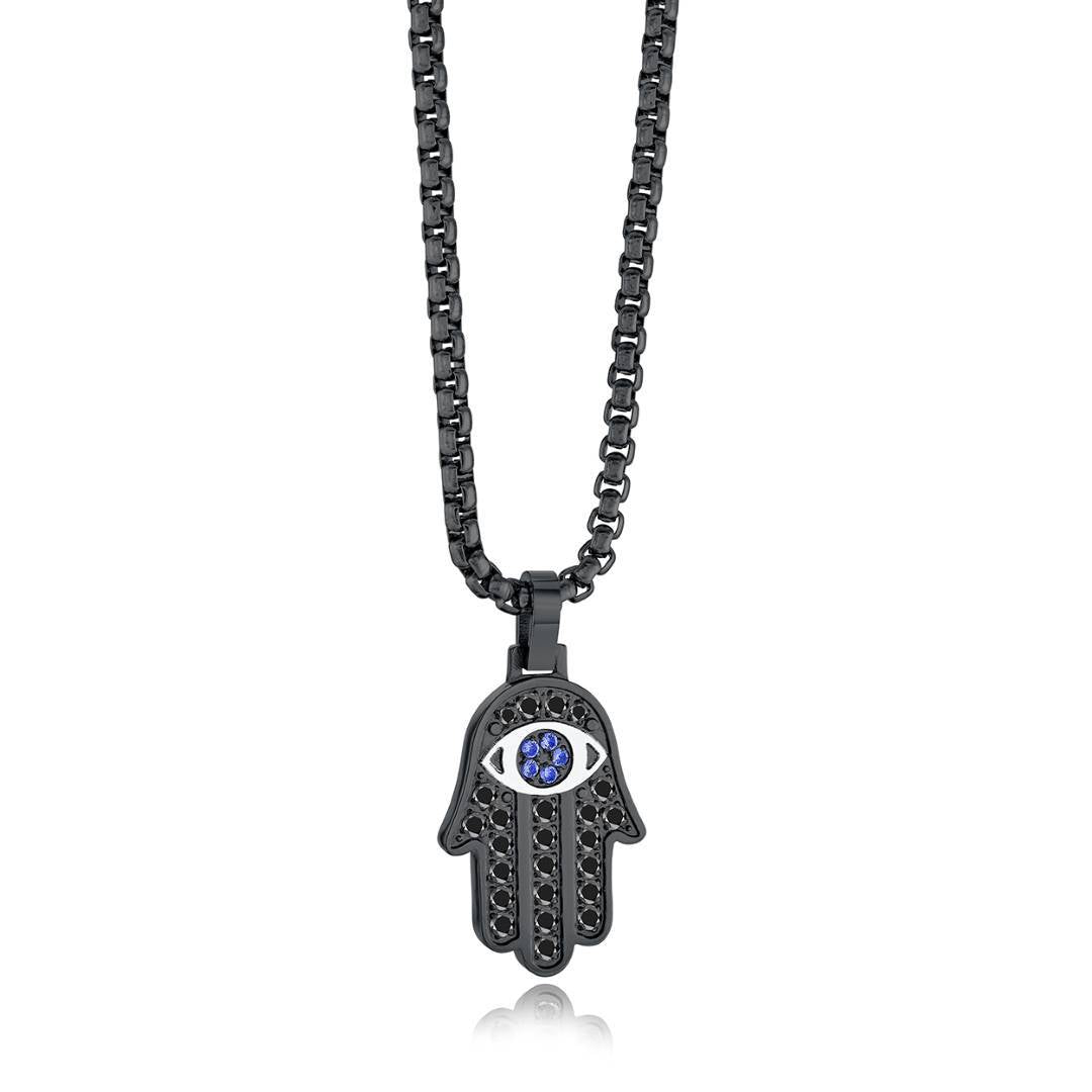 Black stainless steel hamsa necklace with black pavé CZ and blue evil eye by Koch La Ni