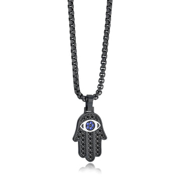 Black stainless steel hamsa necklace with black pavé CZ and blue evil eye by Koch La Ni