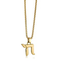 Polished gold Chai amulet pendant necklace in stainless steel on a 22 inch box chain
