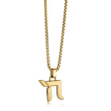 Polished gold Chai amulet pendant necklace in stainless steel on a 22 inch box chain