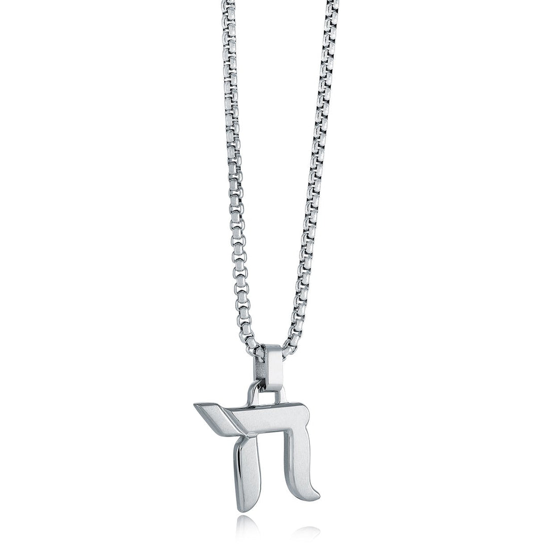 Polished gold Chai amulet pendant necklace in stainless steel on a 22 inch box chain