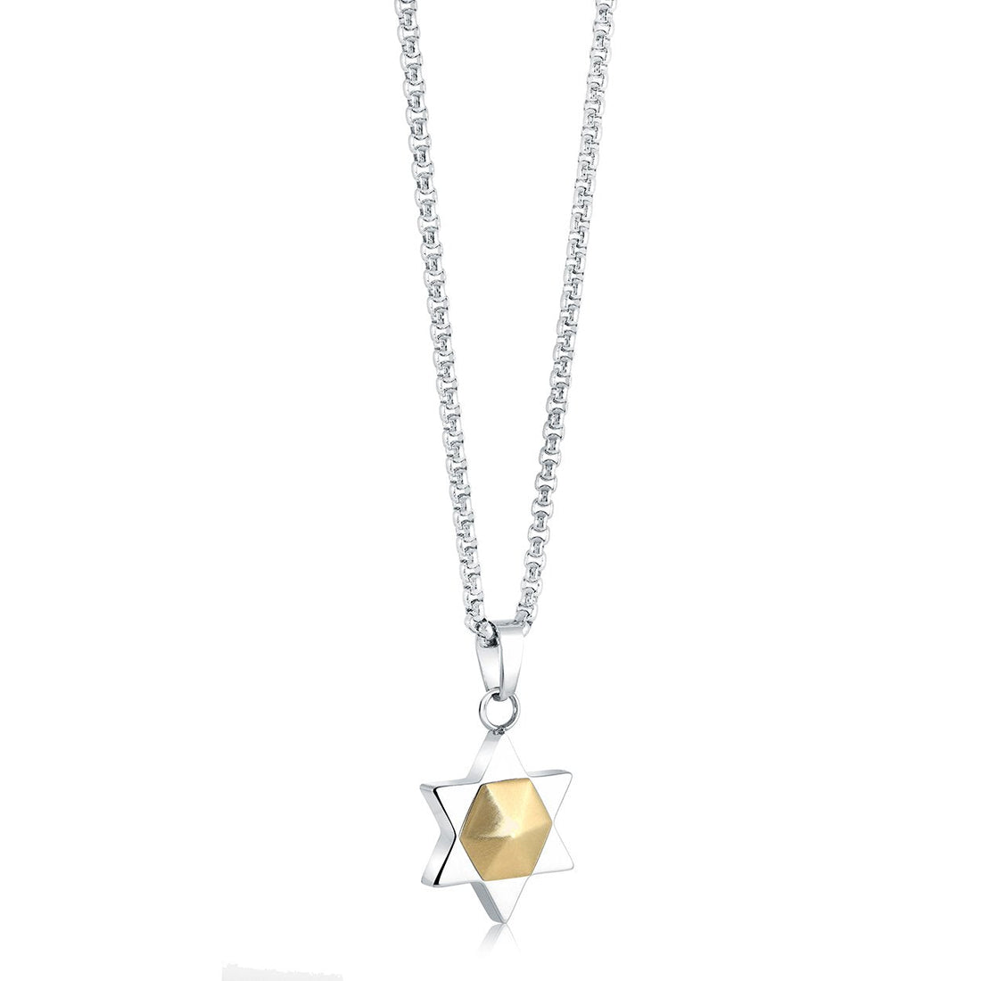 Open Star of David pendant necklace in stainless steel with a faceted gold center on a 20 inch box chain