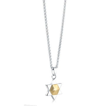 Open Star of David pendant necklace in stainless steel with a faceted gold center on a 20 inch box chain